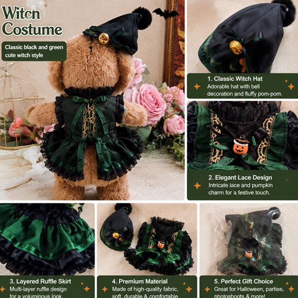 40cm Doll Halloween Witch Costume – Black & Emerald Green Dress Set
