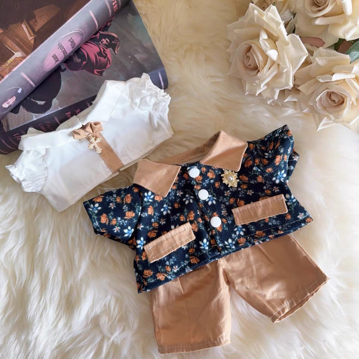 Caramel Floral "Cross Tea Party" Suit – Outfit Set for 20cm Cotton Dolls / Duffy Dolls (Fits 40cm / 17-inch Dolls)
