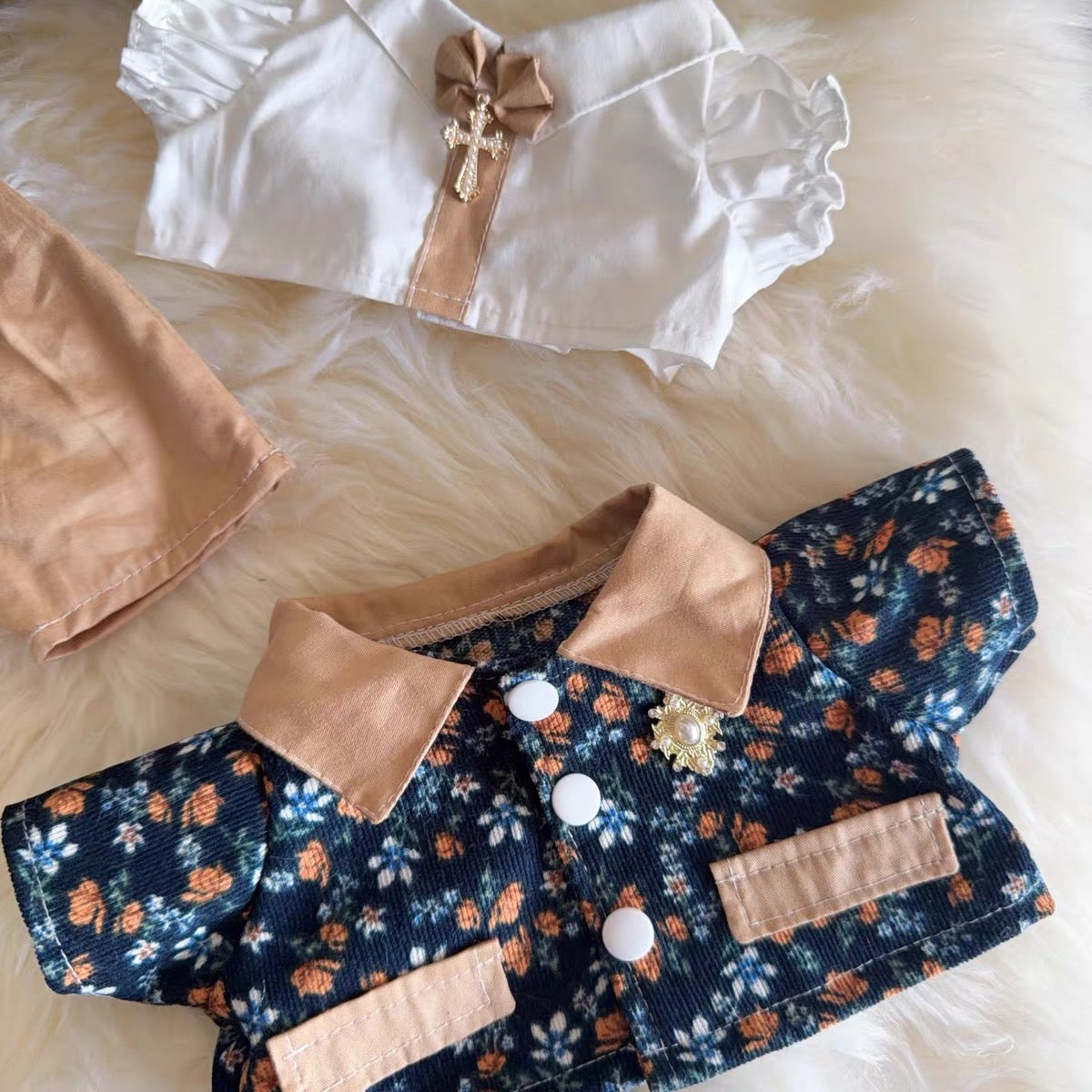 Caramel Floral "Cross Tea Party" Suit – Outfit Set for 20cm Cotton Dolls / Duffy Dolls (Fits 40cm / 17-inch Dolls)