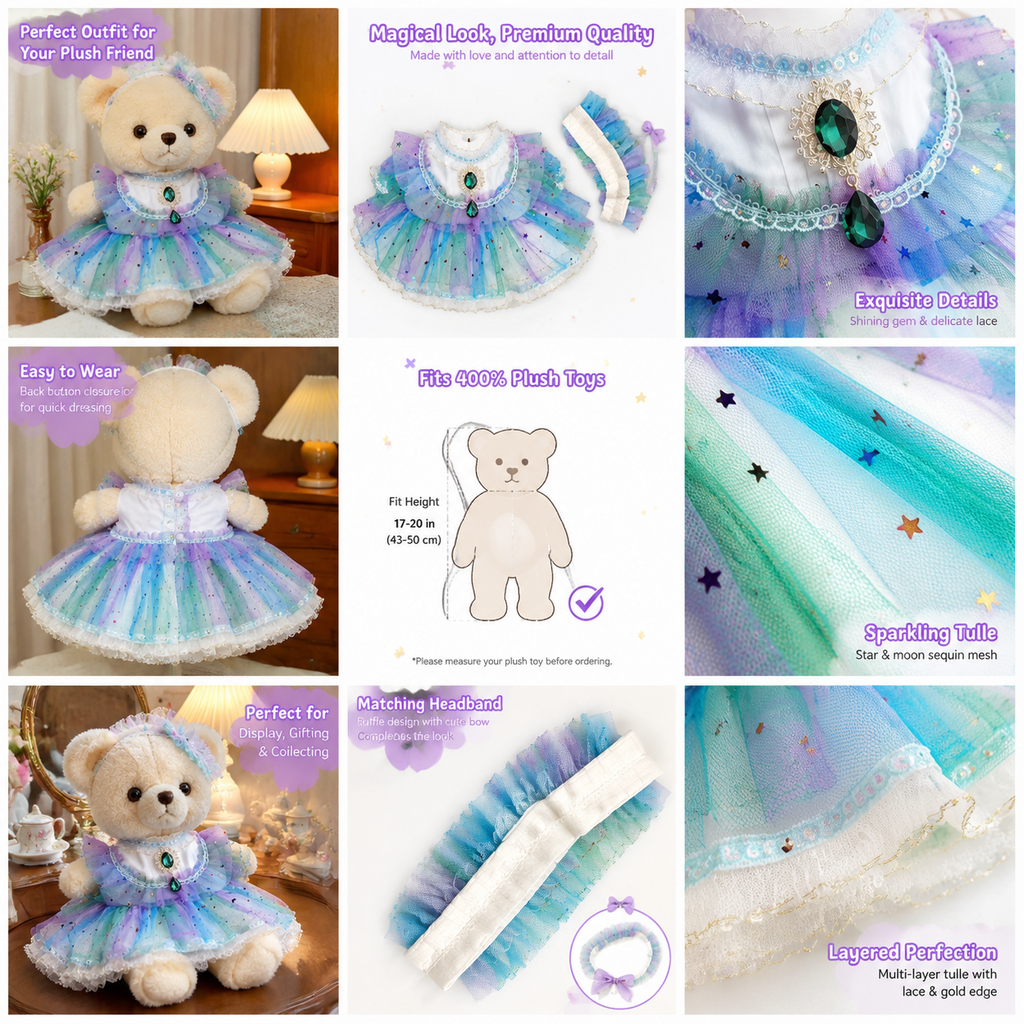 40cm Doll Fairy Princess Dress Set – Pastel Rainbow Tulle Outfit with Matching Headband